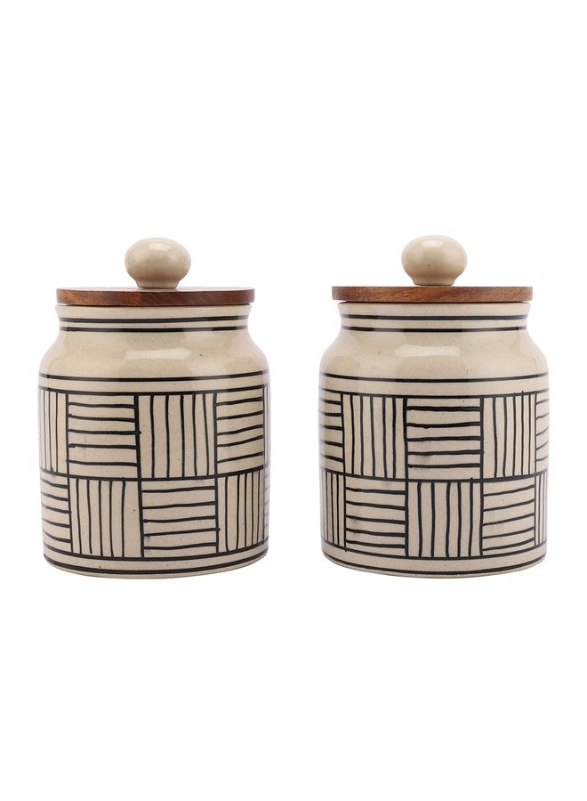 miah decor Ceramic Jars For Kitchen Storage With Wooden Lid Pickle Spices Stoneware Canister Food Storage Jar Box With Airtight Silicone Seal - Pack Of 2, (Size HxW:- 5X3 inches; Volume:- 460ml) - Image 1
